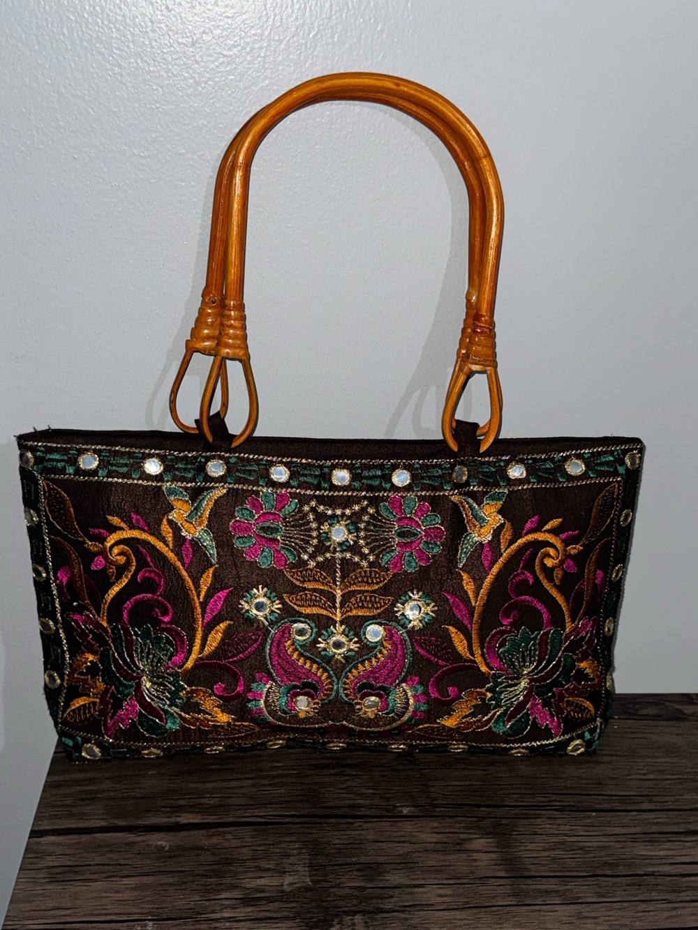 Y2K Embroidered Taffeta Floral Purse with Mirror Detailing Bag w Bamboo Handles